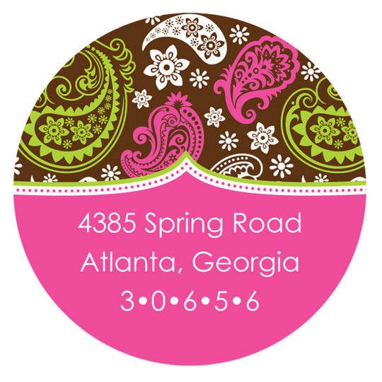 Pink Paisley Print on Brown Round Address Labels